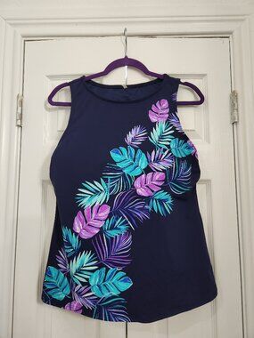 EUC Navy Purple Leaf Patterned Land's End High Neck UPF 50 Tankini Top, 12/12DD